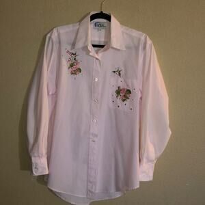 Las Olas Humming Bird CottageCore Preppy Academia Pink Pin Stripe Button Shirt